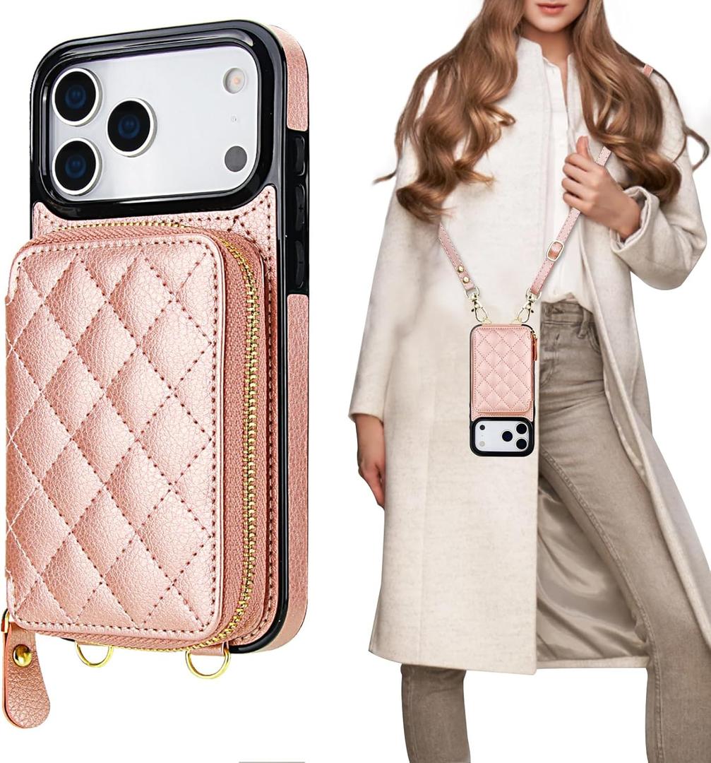 Bocasal Crossbody Wallet Case for iPhone 17 Pro Max, RFID Blocking PU Leather Zipper Handbag Purse Flip Cover, Kickstand Folio Case with Card Slots Holder Wrist Strap Lanyard 5G 6.9 Inch (Rose Gold)