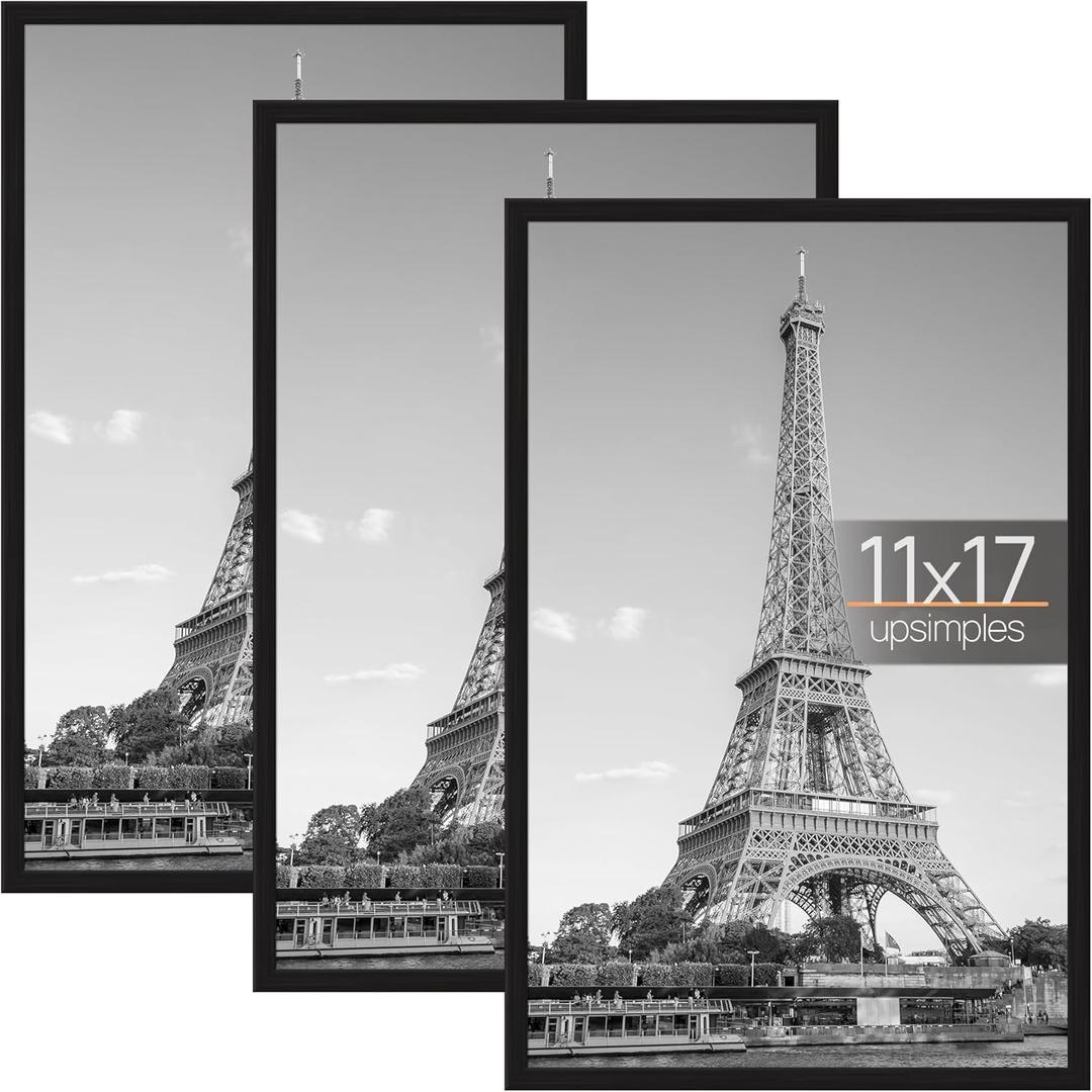 Upsimples 11x17 Picture Frame Black 3 Pack, Scratch-Proof Poster Frames for Photo Gallery - Slide-In Strips, Horizontal or Vertical Wall Mounting