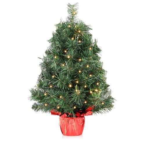 Santanelo 2ft Pre-lit Artificial Mini Christmas Tree,Small Xmas Pine Tree with 50 Lights, Tabletop Christmas Tree Battery Operated Green Xmas Tree for Tabletop