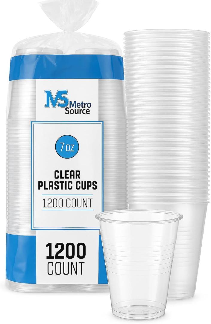 Metro Source 7 oz Clear Plastic Cups  1200 Count | Durable Disposable Drinking Cups for Cold Beverages, Parties, Events & Catering | Crystal Clear Plastic Cups  Strong & Lightweight Bulk Pack
