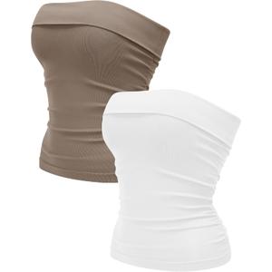 OLCHEE Womens 2PK Tube Tops Off Shoulder Seamless Ribbed Strapless Sleeveless Side Ruched Slim Fitted Summer Going Out Top (Small, White + Khaki)