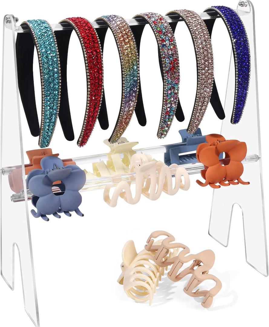 Acrylic Claw Clip Organizer Headband Holder, 2 layers Hair Clip Holder Clear Headband Organizer, Hair Hoop Dispaly Stand Hair Accessories Storage for Women and Girls