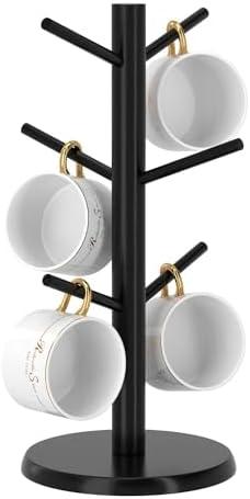 Wisuce Black Coffee Mug Tree, Updated Thick Bamboo Mug Holder Base,Coffee Cup Stand Mug Holders with 6 Hooks for Countertop Cup Rack Organizer Stand (Black)