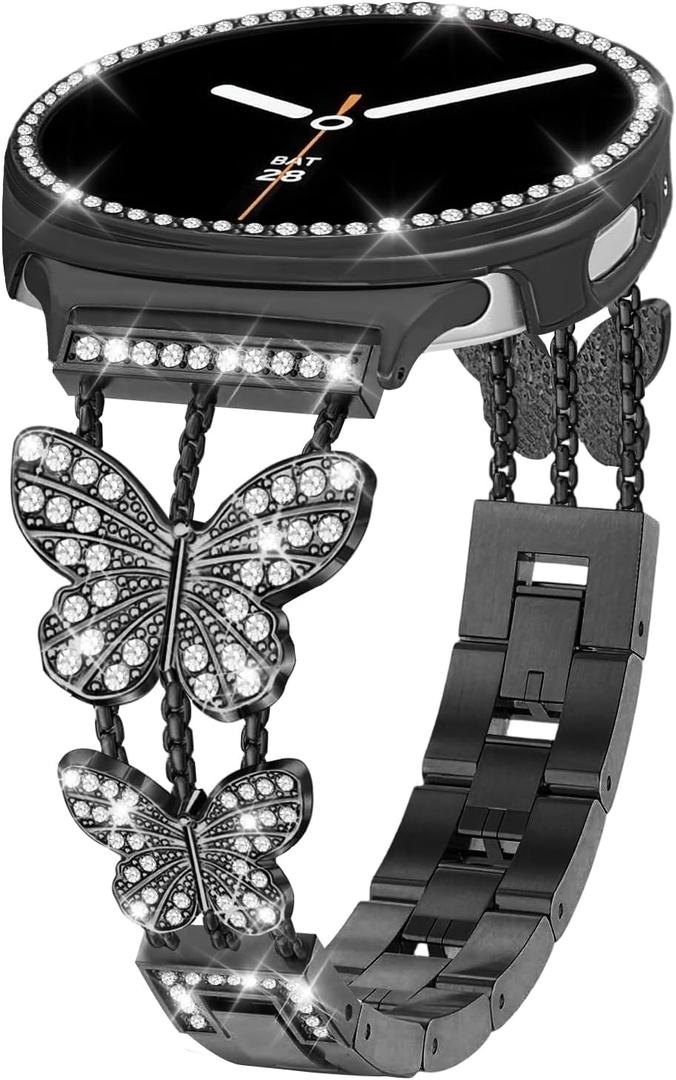 Bling Band with Case Compatible for Samsung Galaxy Watch 8 40mm 44mm, Women Diamond Butterfly Metal Bracelet Rhinestone Strap with Protector Case (Black)