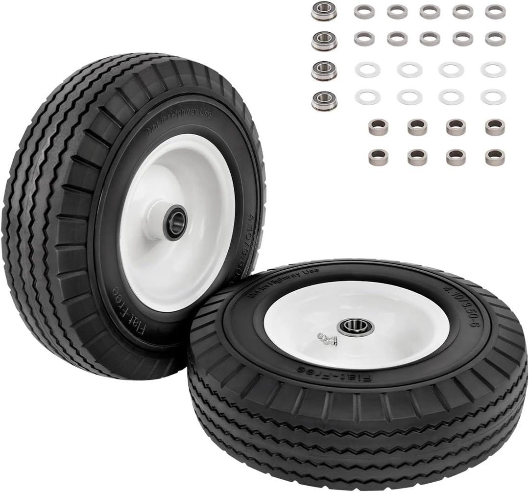 HQPASFY 2 Pack 4.10/3.50-6 Flat Free Tire, 12.5 Inch Universal Solid Tire Wheel 3/4" & 5/8" Bearings, 3"-3.5"-4"-4.5"-Center Hub for Lawn Garden Cart, Hand Truck, Wheelbarrow, Utility Cart