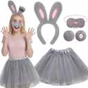 4 Pcs Easter Bunny Costume Set for Women Rabbit Ears Headband, Plush Tail, Nose & Tutu Skirt Easter Party Outfit (Gray)