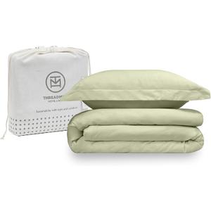 Threadmill Sage Green Duvet Cover Twin Size Bedding Set, Breathable Comforter Cover, Soft 2-Pc 100% Cotton Twin Duvet Cover Set with 1 Pillow Sham, Strong Button Closure & Corner Ties