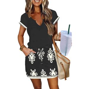 SAUKOLE Women Summer T Shirt Dress Casual Short Sleeve V Neck Dress with Pockets Drawstring Waist Short Dresses
 (Black, L)