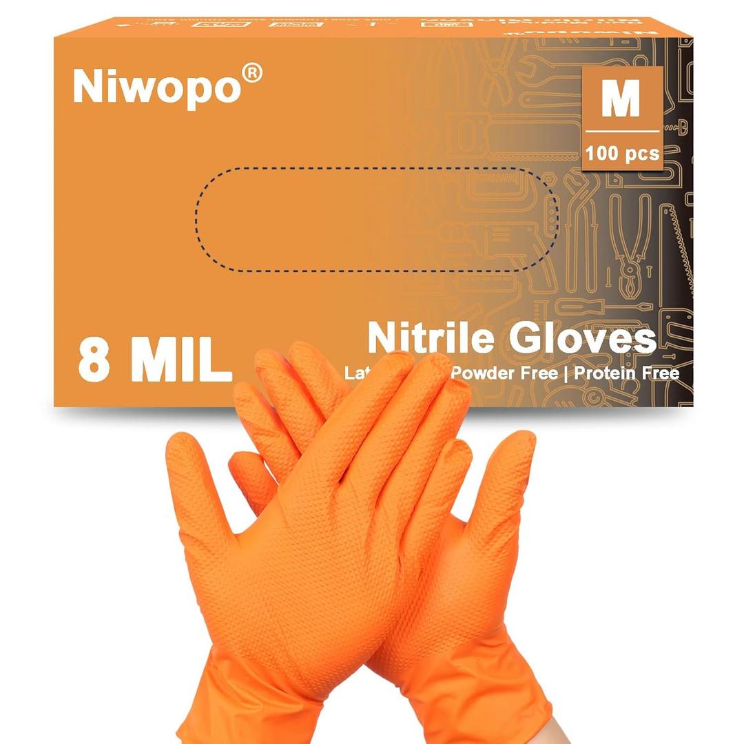 8 mil Heavy Duty Orange Nitrile Gloves 100 pcs Diamond Texture Heavy Duty Industrial Glove,Powder-Free,Latex-Free,Durable Disposable Gloves for Mechanics,Automotive & Food Handling (Medium)