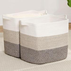 laughbird Storage Baskets for Clothes Fabric Cotton Rope Storage Basket with Handles, Decorative Woven Basket for Living Room,Closet Organizer Blankets, and 2bags (Gradient Brown, L14W11H14)