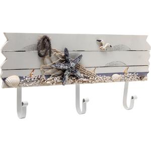 MyGift 3 Hook Coastal Style Wall Mounted Entryway Coat Rack, Decorative Nautical Beach Starfish and Seashell Theme Wood Panel with White Metal Jacket Hanging Hooks
