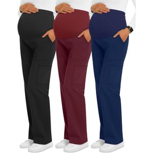 3 Pack Women's Maternity Scrub Pants 6 Pockets Cargo Pants Stretchy Comfy Workwear Straight Leg Pregnancy Pants (Large, Black, Wine Red, Navy Blue)
