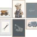 6Pcs Vintage Construction Truck Nursery Canvas Wall Art Funny Teddy Bear Posters Print Artwork Boys Room Painting Pictures Wall Decor for Bedroom Playroom Home Decoration 8x10in Unframed (10L"x8W")
