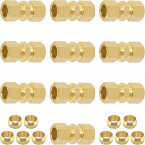 1/2 Inch Compression Fitting,10 Pcs Brass Compression Tube Pipe Fittings, 1/2" OD X 1/2" OD Compression Union Connectors & 10 Pcs Sleeves Ferrules (Pack of 20)