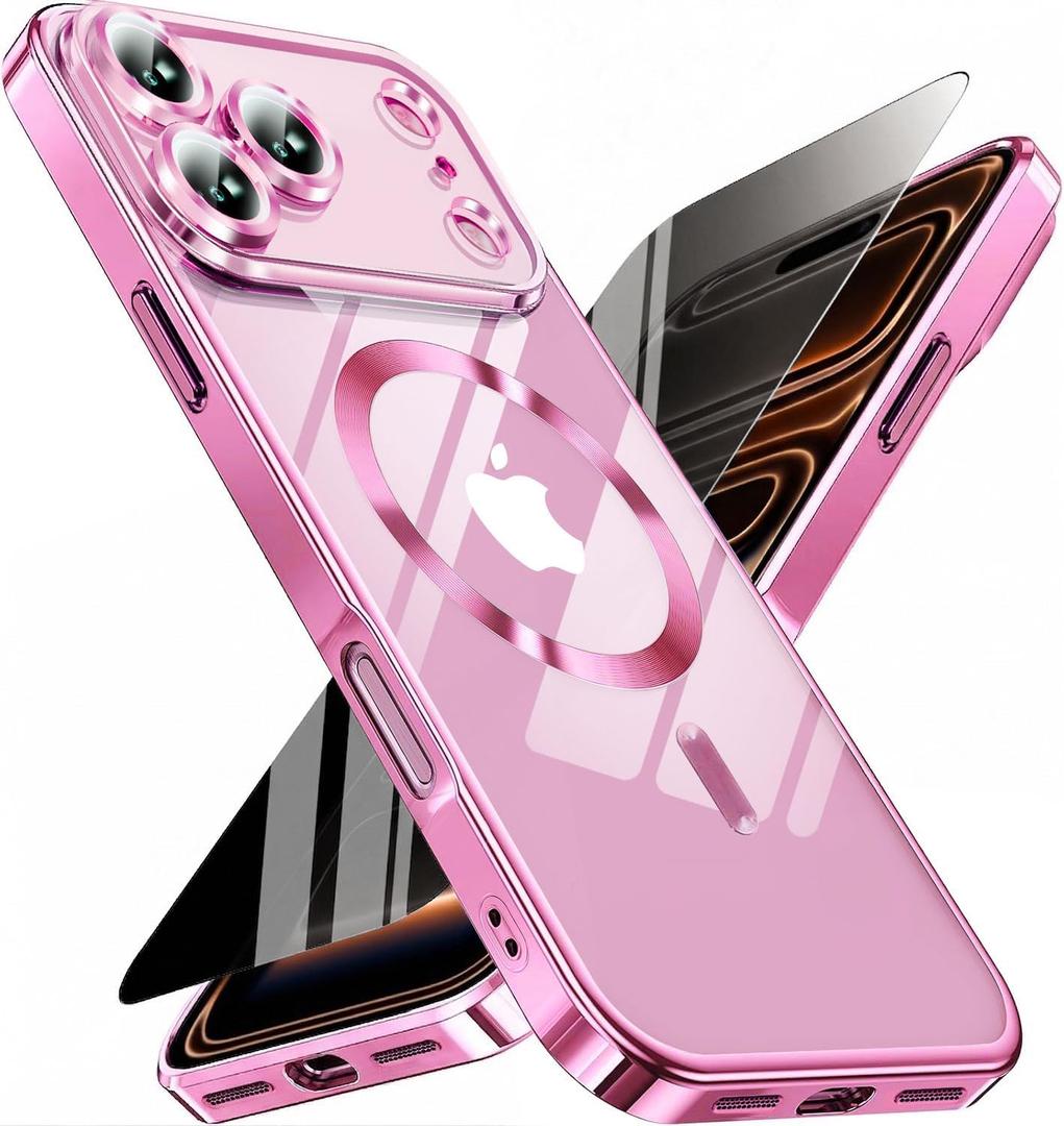 Magnetic for iPhone 17 Pro Max Case with Privacy Screen Protector & Full Camera Cover,[Non-Yellowing] Shockproof Clear Phone Case Compatible with MagSafe Women Girls for iPhone 17 ProMax,Hot Pink