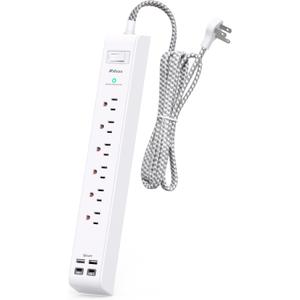 Surge Protector Power Strip 15 ft with 4 USB Ports 2 USB-C 6 AC Outlets, Flat Plug Extension Cord, USB Charging Station, Wall Mountable for Home, Office, Dorm Essentials, 1080J, ETL Listed (White)