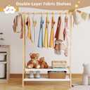 Kids Clothing Rack with 2 Fabric Shelves, Foldable Child Garment Stand with Hanging Rod, Small Dress Up Organizer, Bamboo (Natural)