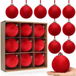 9 PCS Velvet Christmas Balls Ornaments 4inch& 6inch Christmas Large Ball Set for Xmas Tree Decor, Holiday Home Party (Red, 4inch)