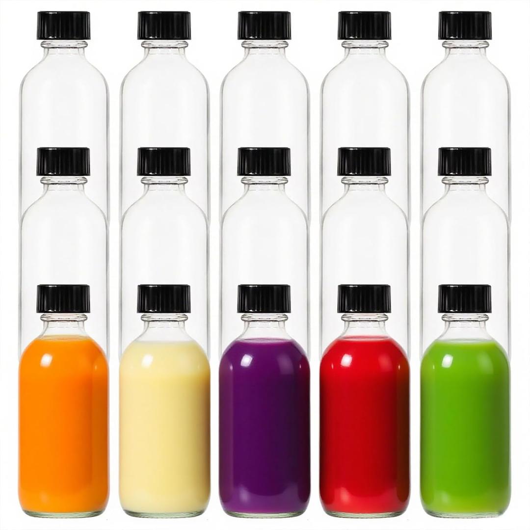 2 oz (60ml) 15 Pack Leak-Proof Clear Glass Boston Round Bottles with lids - Mini Travel Containers for Ginger Shots, Juice, Whiskey, Samples | W/Labels, Funnels & Brushes