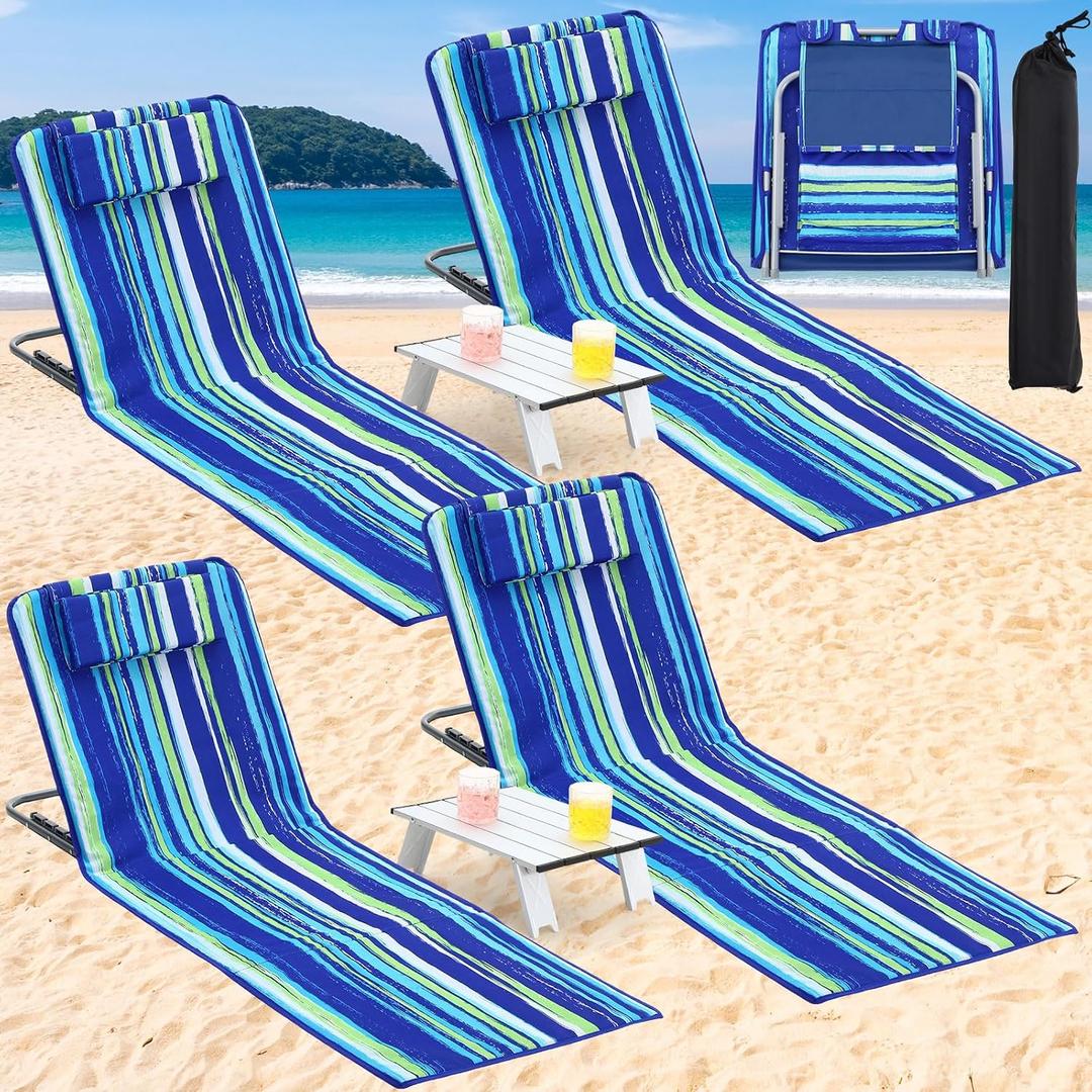 Beeveer 4 Pcs Beach Lounge Chair for Adult with 2 Pack Folding Tables Portable Adjustable Lightweight Reclining Lounge Beach Chair for Lawn Patio Sunbathing Tanning Picnic BBQ Camping