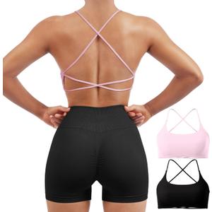 SUUKSESS Women 2 Piece Open Back Sports Bra Pack Strappy Workout Gym Yoga Crops (Small, #1 Pack (Pink & Black))