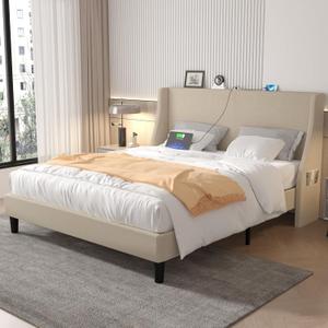VECELO Full Bed Frame with Upholstered Wingback Headboard, Heavy-Duty Platform Bedframe with Charging Station & Side Pockets, No Box Spring Needed, Beige