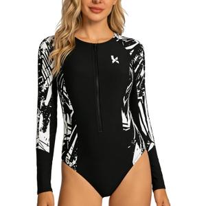 KMT Women One Piece Swimsuit Long Sleeve Rash Guard with Built in Bra UV Protection Surfing Swimming Bathing Suit Front-Zip Size 4