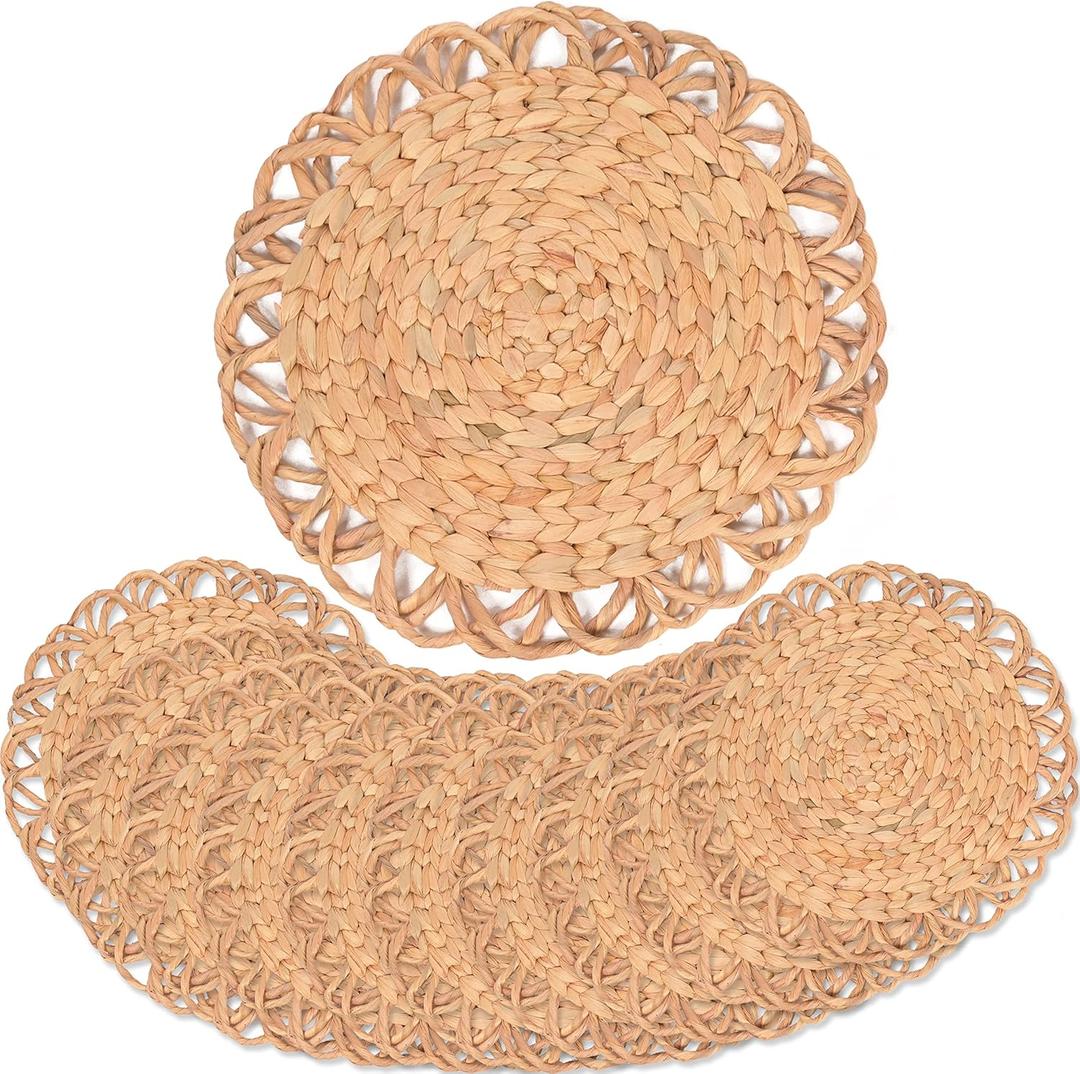 Round Woven Placemats Set of 10, Water Hyacinth Round Placemats, Plate Chargers for Dinner Plates, Individuales para Mesa De Comedor, Thanksgiving Christmas Rattan Charger Plates 13.4 in