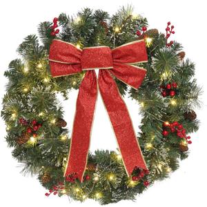 Christmas Wreath Front Door Wreath - 24 Inch Pre-Lit Outdoor Wreaths for Front Door Battery Operated 55 White Lights Bulbs Christmas Decoration Wall Wreath Outside DiliComing (Green)
