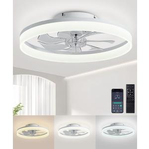 Ceiling Fans with Lights and Remote, 20" Modern Low Profile Ceiling Fan with Light, Stepless Color Temperature Change and 6 Speeds, Flush Mount Ceiling Fans for Bedroom, Kids Room.White