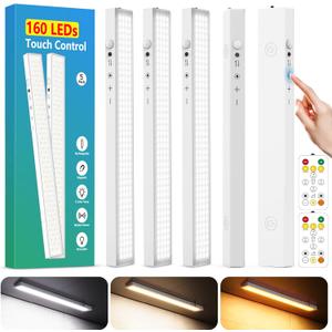 12inch 5Pack Touch Control Under Cabinet Lighting, 160LED Super Bright, 4000mAh Long-Lasting, Magnetic Rechargeable Motion Sensor Under Counter Lights for Kitchen, Closet, Remote, Dimmable, 3CCWhite