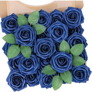 N&T NIETING Artificial Flowers Roses 25Pcs Real Touch Fake Flowers Foam Roses with Stems Perfect for DIY Wedding Bridesmaid Bridal Bouquets Centerpieces Party Home Baby Shower Decoration, Navy Blue