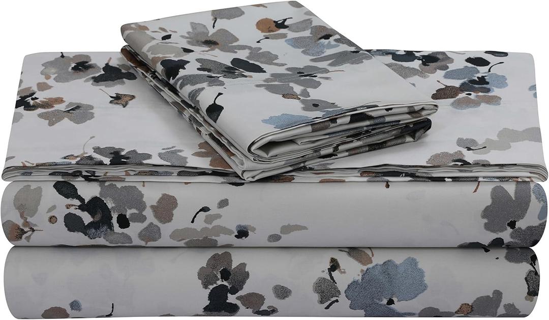 Tribeca Living Queen Bed Sheet Set, 300 Thread Count Soft Cotton Sateen, Floral Print with Extra Deep Pockets, 4-Piece Bedding Set, Lisbon Grey/Multicolor