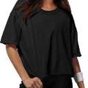 XIEERDUO Cotton Tshirts for Women Drop Shoulder Round Neck Oversized Crop Tops Workout Tops Tees (Black, 2XL)