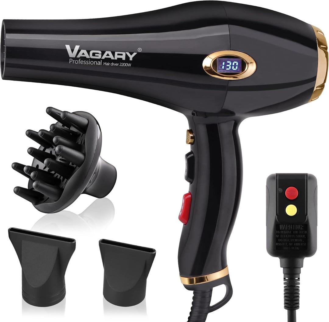 VAGARY Hair Dryer with Diffuser Concentrator, 2200W Professional Salon Ionic Blow Dryer for Frizz Free Smooth Hair, Featuring 2 Speeds and 2 Heat Settings, Cool Shot ButtonGold