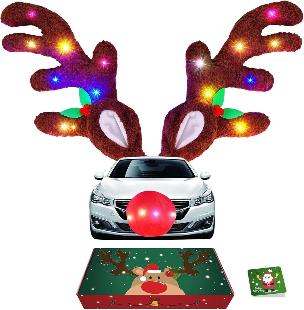 IC ICLOVER Reindeer Antlers for Cars with LED Lights, Car Reindeer Antlers & Red Nose, Glowing LED Reindeers Costume Kit, Car Christmas Decorations Xmas Gifts for Most Vehicles SUV MPV Van Truck