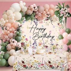 Spring Wildflower Party Decorations For Women,Happy Birthday Banner,Flower Birthday Decorations For Girls,Green Pink White Balloon Arch Kit,Cake toppers