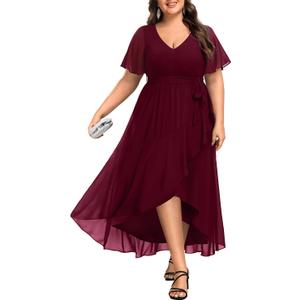 Womens Plus Size Long Dress Chiffon High Low Split Ruffle Evening Bridesmaid Wedding Guest Formal Maxi Dresses (20 Plus, Burgundy)