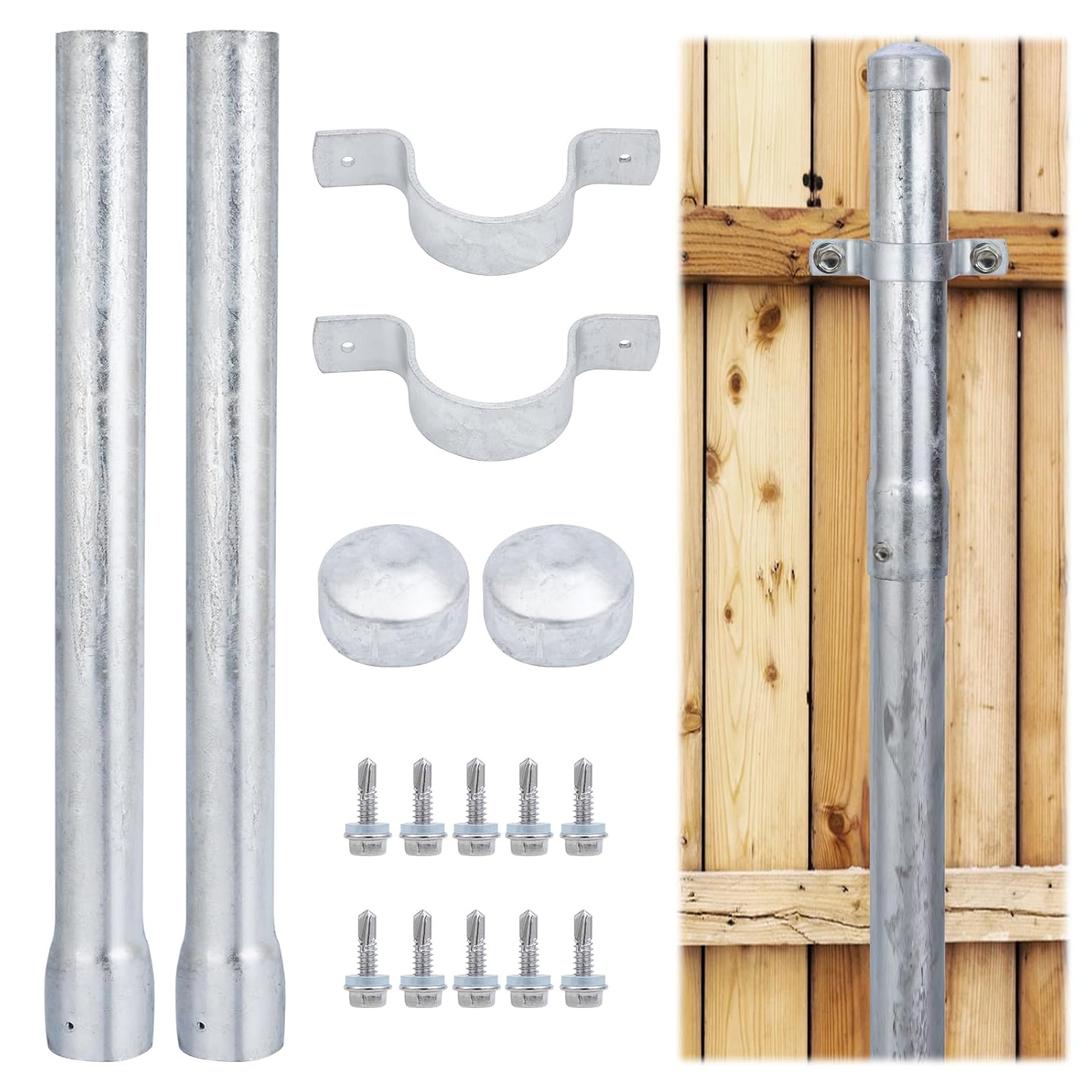 Fence Post Extender 2-3/8" OD 24" Height Heavy Duty Hot-Dip Galvanized Steel with Fence Bracket, Screws & Caps (2 Pack)