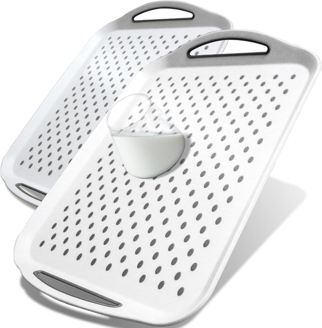 Large Nonslip Serving Tray with Handles, Silicone Grippy Dots Lap Food Trays for Eating, Dishwasher Safe Serve for Breakfast Dinner Snack Fruit Appetizers Beverage, Rectangular, Set of 2, White