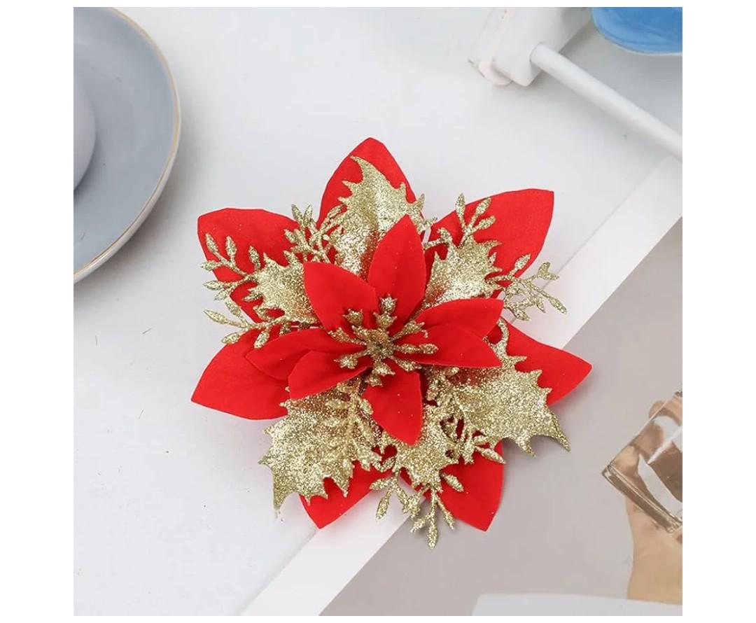 5 PCS Poinsettia Flower Artificial Red Gold Christmas Flowers Artificial 5.5'' Glitter Poinsettias Artificial Christmas Tree Flower With Clips Diy Xmas Wreath Holiday New Year Home Party Decor