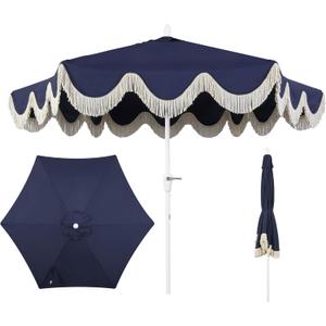 JONATHAN Y UMB1001I Collins 9 ft. Classic Cottage Fringe Tassel Market Patio Umbrella with Auto-Tilt Crank, Wind Vent and UV Protection in Navy/Cream, White Pole
