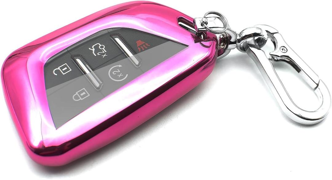 Fit for Cadillac Key Fob Cover for CT4 CT5 XT4 Lyriq CELESTIQ Escalade Escalade ESV Key Fob Cover Case Shell TPU Remote Holder Protector Keyless Entry Sleeve Accessories, with Key Chain, Pink