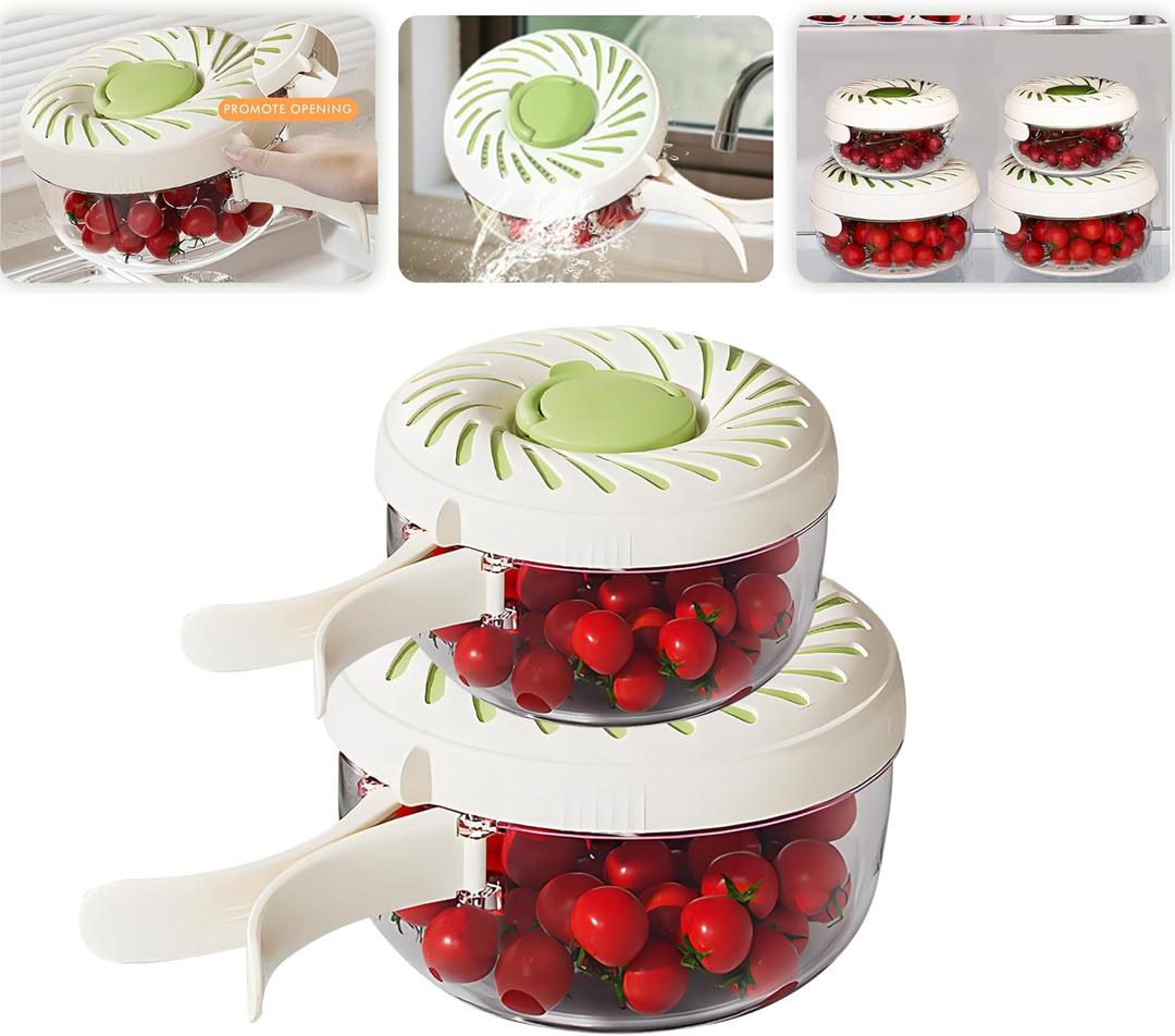 2Pcs Upgraded Fruit Washing Bowl with Strainer,BPA-Free Drain Basket for Lid & Ice Compartment,Multifunctional Berry Washer,Foldable Handle Strainer and Colander for Fridge or Picnic(1QT+2.85QT)