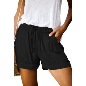QUEEN PLUS Womens Casual Shorts Comfy Elastic Waist Drawstring Pocket Shorts Pants (Medium, 1-black)
