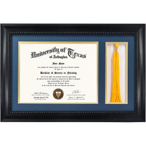 GMFrames Solid Wood Diploma Frame with Tassel Holder for 8.5x11 Certificate with Navy over Gold Mat,Black Finish with Intricate Black Rope Detail,UV Protection Acrylic