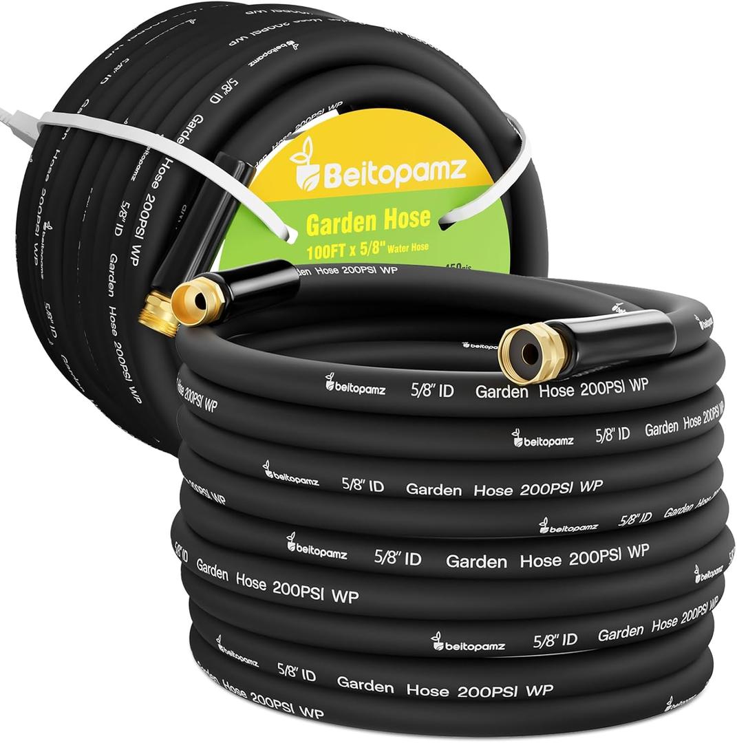 Beitopamz 200 ft Garden Hose, 5/8 in Heavy Duty Water Hose, Flexible and Durable, Lightweight Rubber Hybrid Hose, Leak-Free Connections, Male to Female 3/4'' Brass Fittings for Patio, Lawn, Black