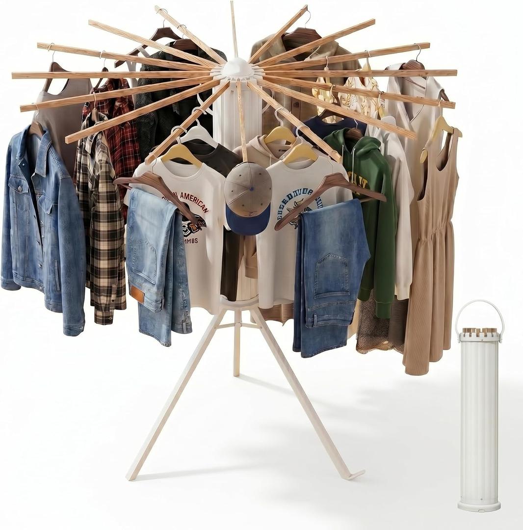 Clothes Drying Rack Foldable, Portable Laundry Drying Rack for Clothes with 16 Wooden Rods & 48 Windproof Slots, Collapsible Tripod Dry Rack for Apartment, RV, Balcony