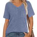 MEROKEETY Women's Short Sleeve V Neck T Shirts 2025 Summer Casual Business Loose Tunic Trendy Tops, Blue, Large