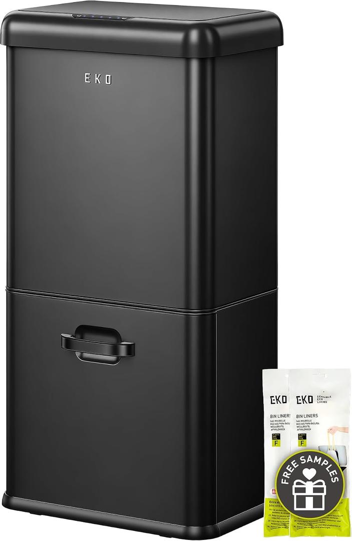 EKO Vintage 50L / 13.2 Gallon Motion Sensor Trash Can, Dual Compartment 32L + 18L Stainless Steel Kitchen Garbage Bin, Touchless Automatic Waste & Recycling Bin with Lid for Home Office, Matte Black